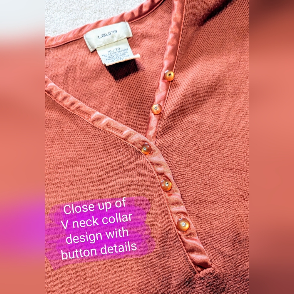 Laura size XL**, 3/4 length sleeve, v neck rust coloured pullover, GUC - Picture 3 of 9